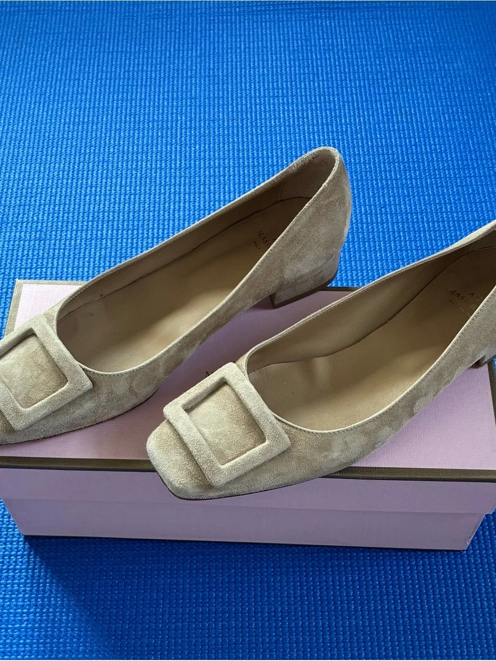 ANN MASHBURN Suede Square-Toe Flats in Tan